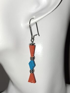 Dainty Turquoise & Orange Gemstone Bead Earrings, Stainless Steel Ear Hooks